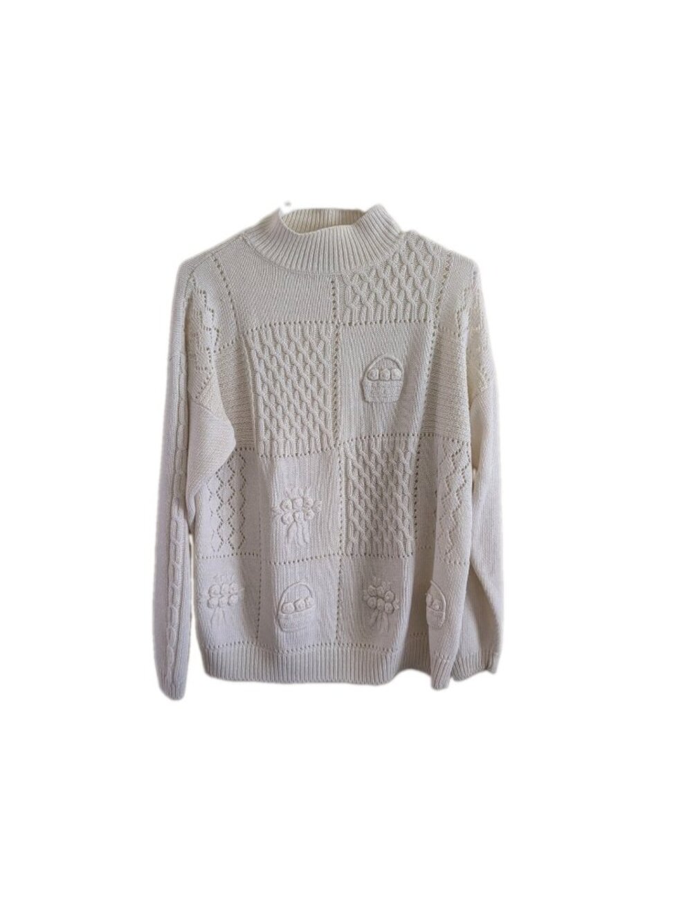 VTG Spice of Life Cardigan M Cream Cable Knit Heart Flower Embroidered Sweater